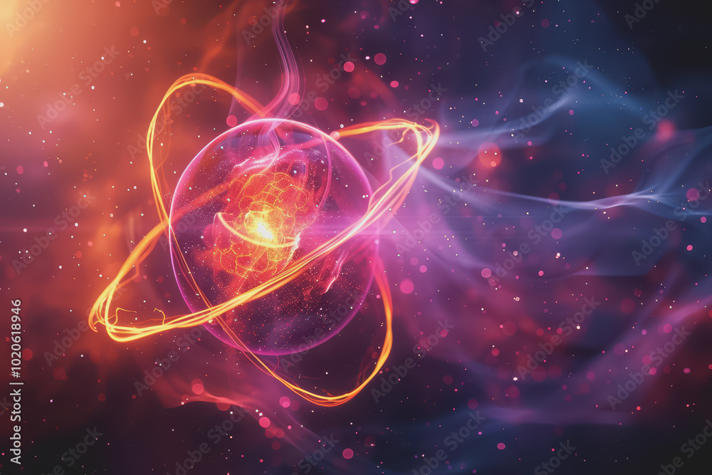 Unstable Atom nucleus with electrons spinning around its technology background. Unstable Atom nucleus with electrons spinning around its technology background.