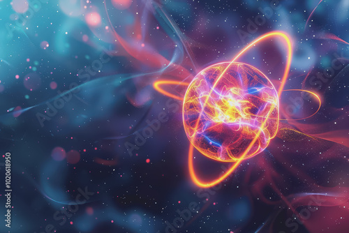 Unstable Atom nucleus with electrons spinning around its technology background.