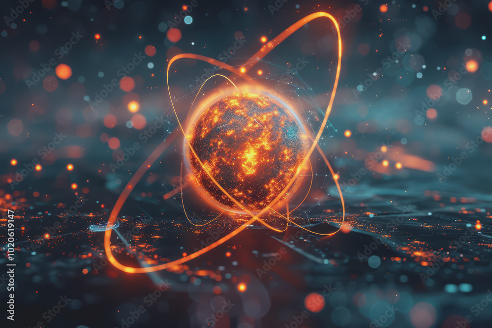 Unstable Atom nucleus with electrons spinning around its technology background. Unstable Atom nucleus with electrons spinning around its technology background.
