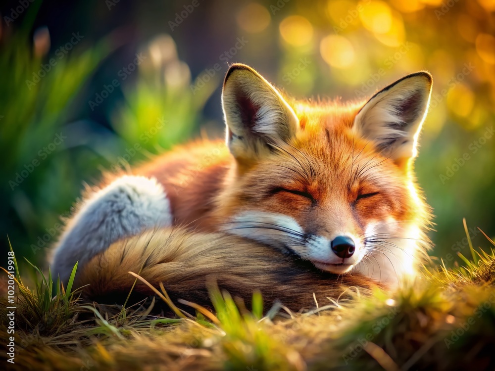 Nestled in a lush, natural setting, a cozy fox sleeps peacefully. Its soft fur shines in the dappled Nestled in a lush, natural setting, a cozy fox sleeps peacefully. Its soft fur shines in the dappled