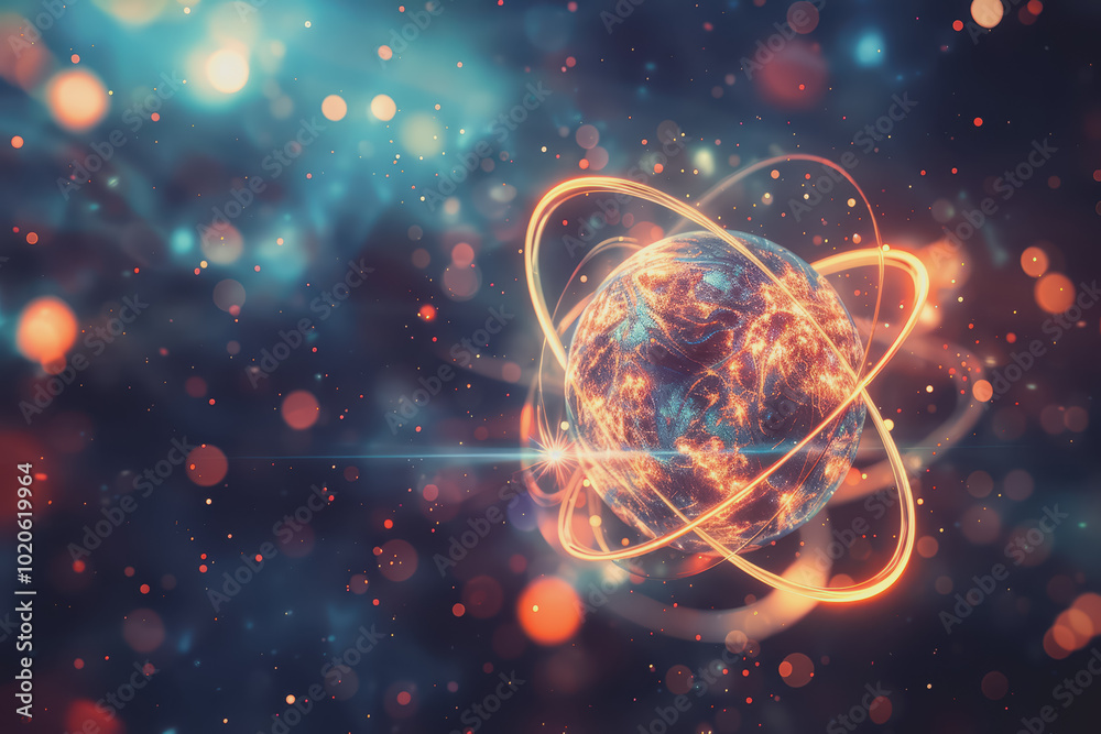 Unstable Atom nucleus with electrons spinning around its technology background. Unstable Atom nucleus with electrons spinning around its technology background.