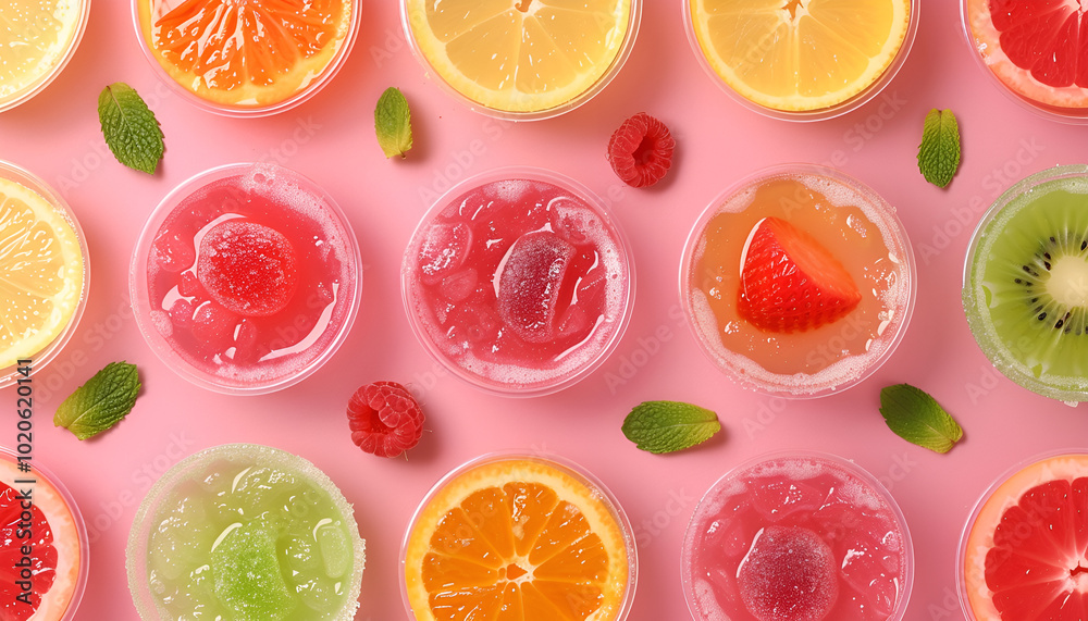 Tasty bright jelly cups on pink background, flat lay. Space for text Tasty bright jelly cups on pink background, flat lay. Space for text