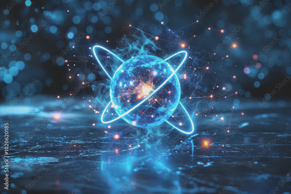 Obraz premium Unstable Atom nucleus with electrons spinning around its technology background.