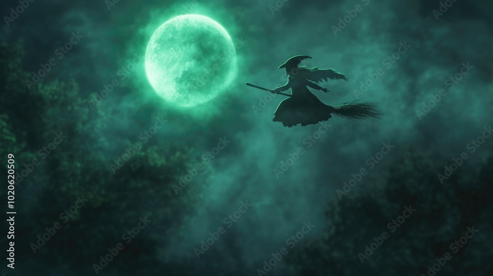 Witch flying on a broomstick with a green moon, Halloween . Fantasy, Halloween night concept.