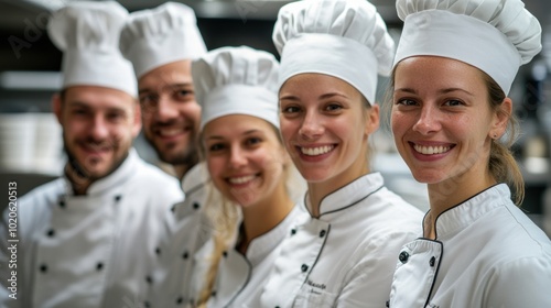 Fototapeta Naklejka Na Ścianę i Meble -  Smiling team of professional chefs in kitchen, wearing white uniforms, culinary expertise, teamwork, restaurant environment, diverse group, food preparation, hospitality industry, teamwork and skill