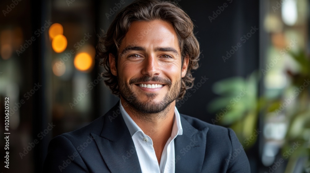 Confident businessman smiling in modern office, crossed arms, professional look, wearing a suit, corporate background, leadership role, business environment, successful entrepreneur Confident businessman smiling in modern office, crossed arms, professional look, wearing a suit, corporate background, leadership role, business environment, successful entrepreneur