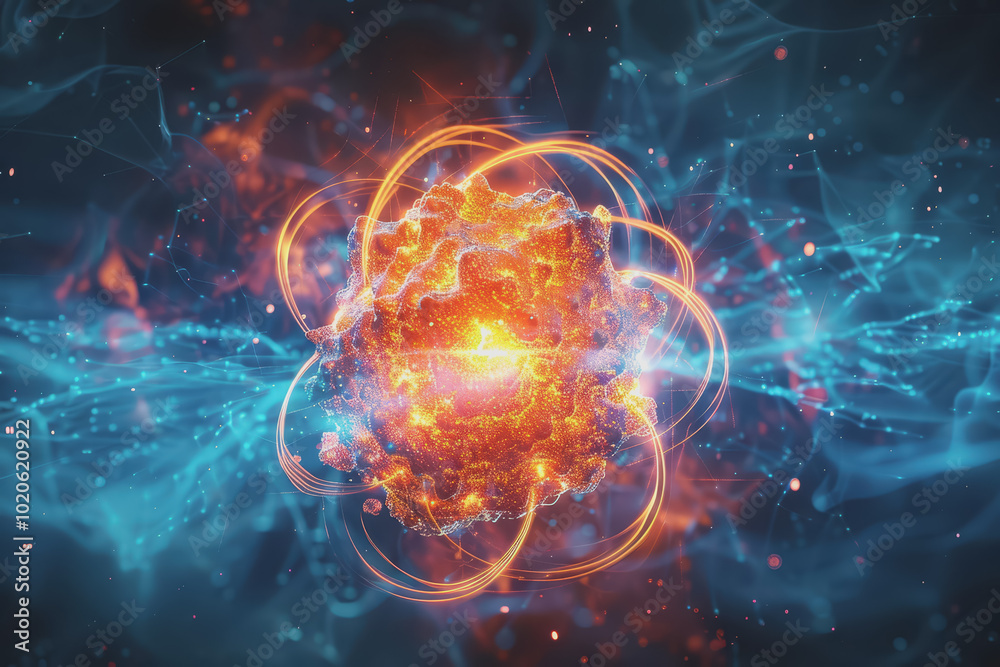 Unstable Atom nucleus with electrons spinning around its technology background. Unstable Atom nucleus with electrons spinning around its technology background.