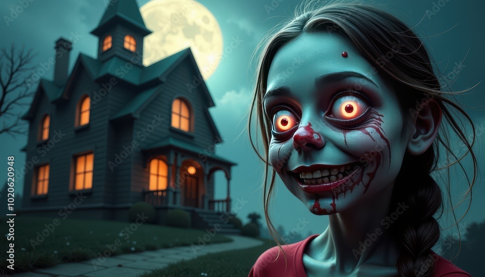 hilarious girl zombie with a mismatched Halloween costume, standing in front of a glowing pumpkin patch under a spooky purple sky. hilarious girl zombie with a mismatched Halloween costume, standing in front of a glowing pumpkin patch under a spooky purple sky.