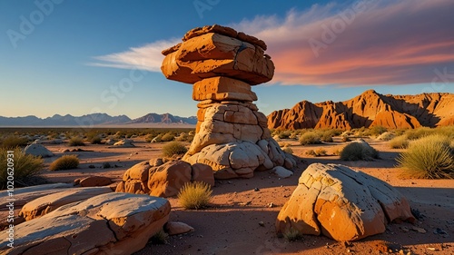 Unique rock formations jutting out of a dry, desert landscape, with the orange and red hues of the stones contrasting against the clear blue sky.