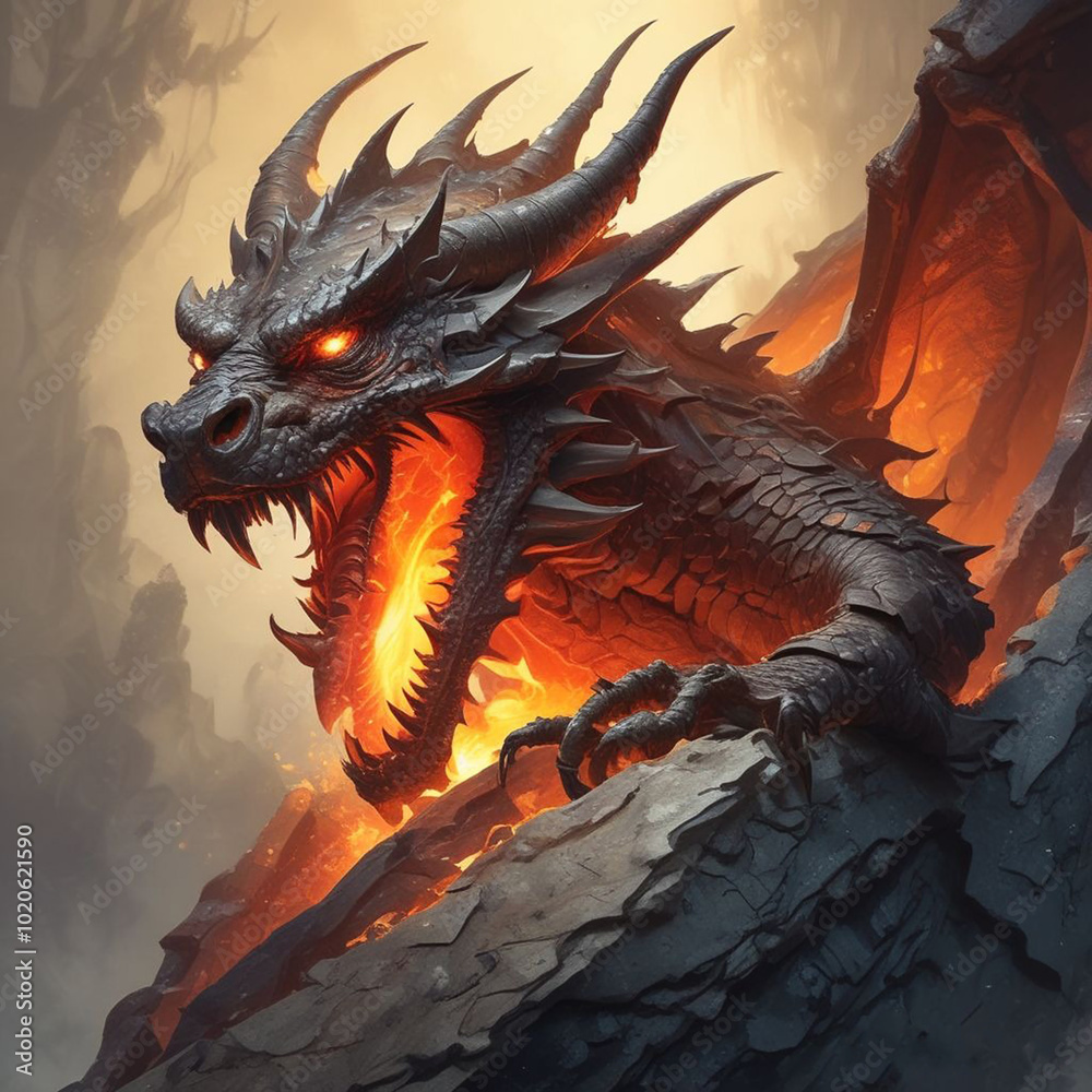 Square icon of realistic illustration of dragon heat with skin pattern and flame of orange fire. Square icon of realistic illustration of dragon heat with skin pattern and flame of orange fire.