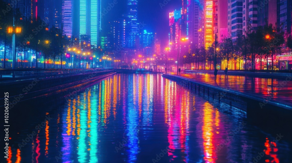Cityscape Reflections in a Waterway at Night Cityscape Reflections in a Waterway at Night