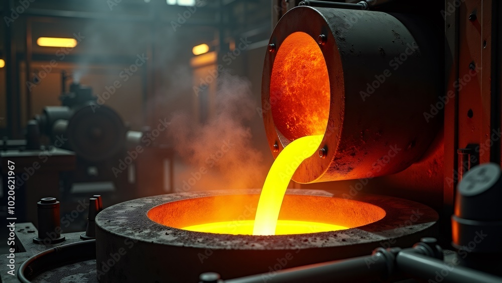 A vivid scene of molten metal pouring from a crucible in an industrial foundry. The glowing liquid illuminates the surroundings, highlighting the intense heat and energy of the metalworking process. A vivid scene of molten metal pouring from a crucible in an industrial foundry. The glowing liquid illuminates the surroundings, highlighting the intense heat and energy of the metalworking process.