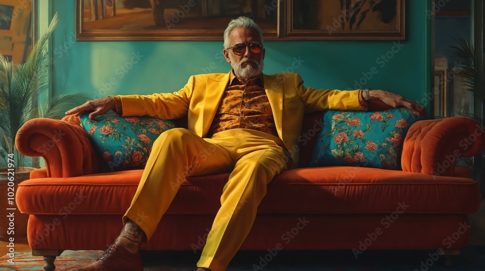 Obraz premium A man in a bright yellow suit sits comfortably on an orange couch