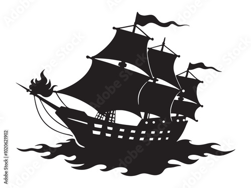 Black and white Pirate Ship Silhouette Illustration - Classic Sailing Vessel for Nautical, Adventure, and Pirate Art