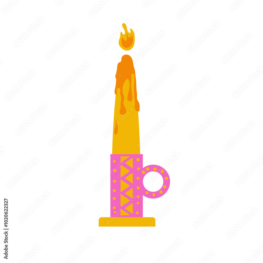 simple long wax candle burns in the candlestick