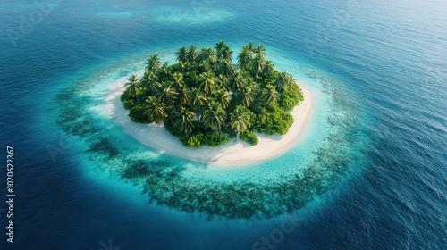 Tropical island with palm trees surrounded by turquoise waters, white sandy beach, idyllic getaway, remote paradise, clear blue ocean, pristine nature, aerial view