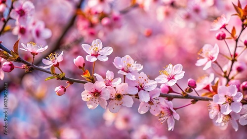 Forced perspective of cherry plum tree blooming in pinkish blooms during spring in Estonian nature