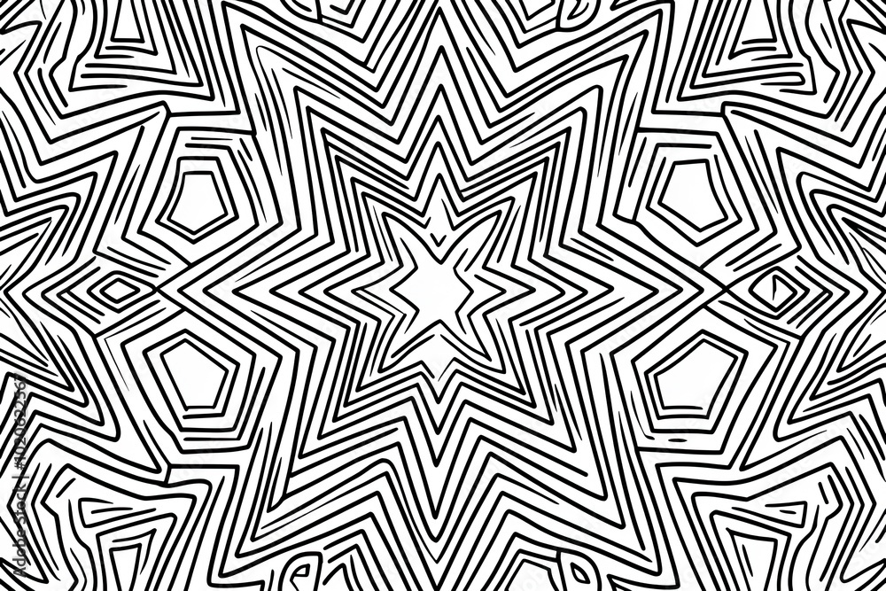 Intricate black and white star pattern with geometric lines, perfect for backgrounds or design projects. Intricate black and white star pattern with geometric lines, perfect for backgrounds or design projects.