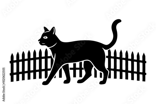 a cat walking along fence black  silhouette vector