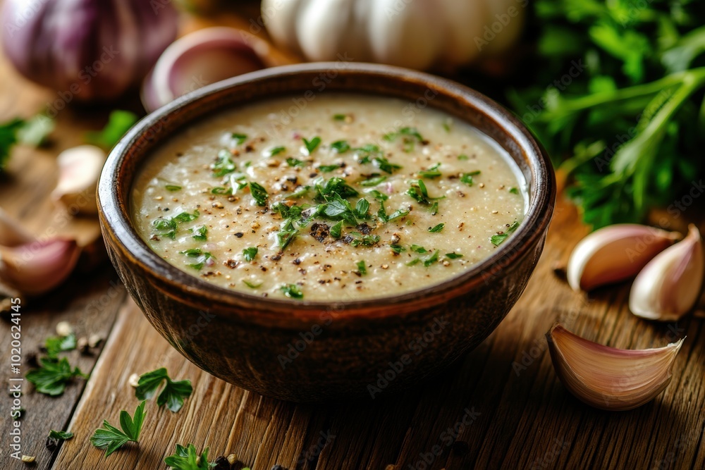 food styling, a rustic wooden table set with garlic sauce in a small bowl, surrounded by fresh herbs and cloves, in a cozy kitchen background space for text food styling, a rustic wooden table set with garlic sauce in a small bowl, surrounded by fresh herbs and cloves, in a cozy kitchen background space for text