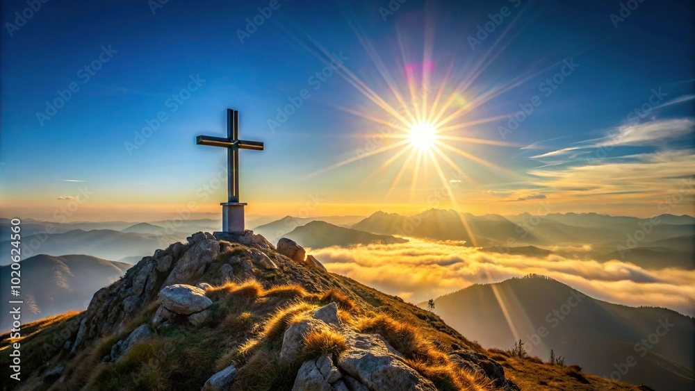 Forced perspective of cross on mountain top with sun flare backlighting Forced perspective of cross on mountain top with sun flare backlighting