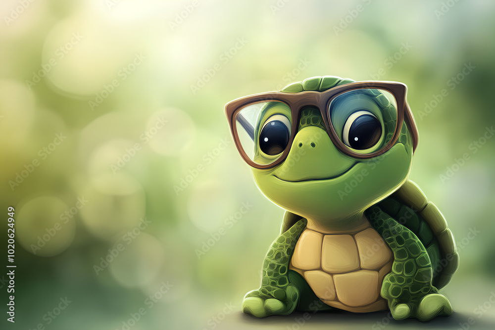 Obraz premium Cartoon turtle character with glasses, illustration