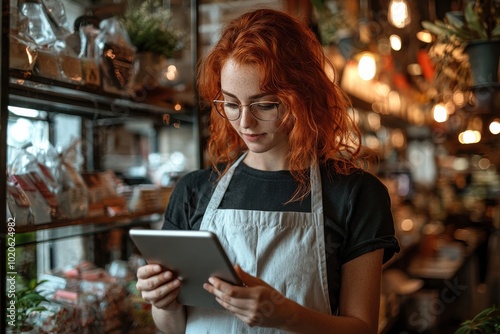 A woman wearing an apron using a tablet in a modern grocery shop with shelves of organic products