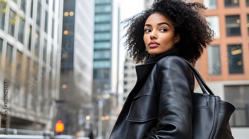 Sustainable fashion influencer showing off a vegan leather handbag in an urban setting