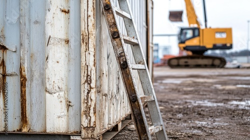 A bent and damaged aluminum folding ladder leaning against a container wall, construction machinery visible in the background