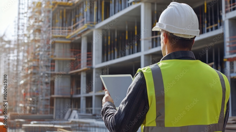 Engineer man handholding a tablet while looking at a building under construction Engineer man handholding a tablet while looking at a building under construction