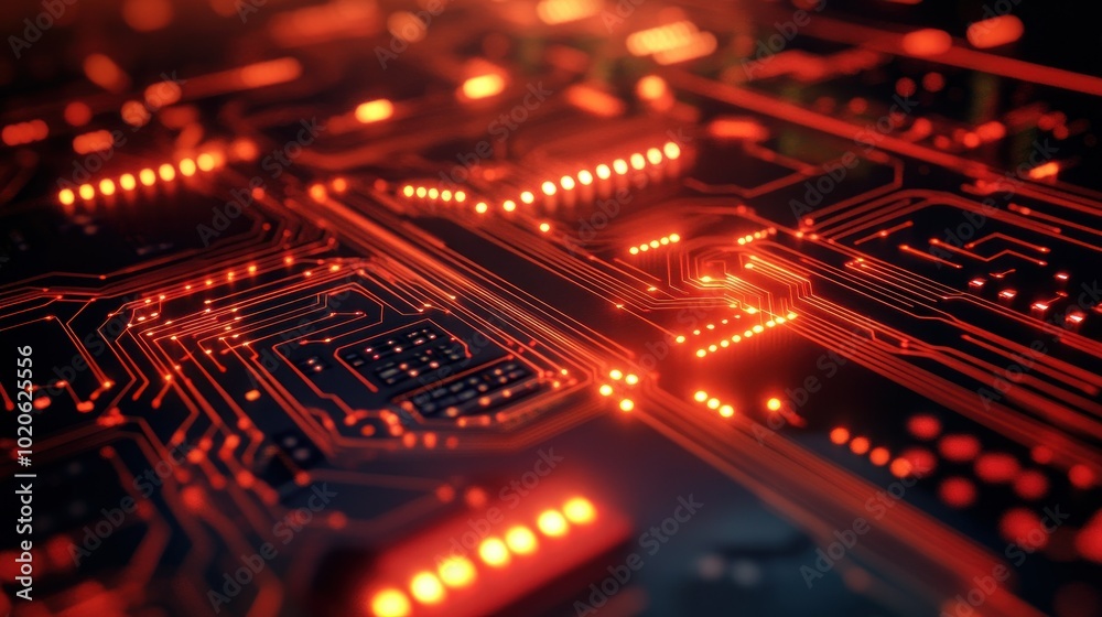 Illuminated Red Circuit Board with Glowing Lines and Components Illuminated Red Circuit Board with Glowing Lines and Components