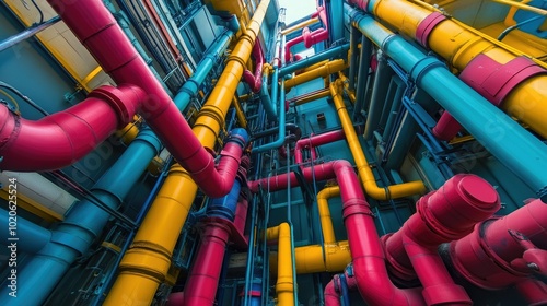 A busy network of pipes and cables in vivid colors, creating a tangled yet organized structure