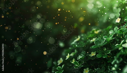 St. Patrick's Day celebration. Clover leaves on black background, bokeh effect