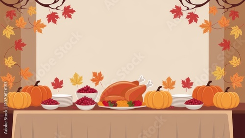 A beautifully arranged table featuring a turkey, pumpkins, and candles. Autumn theme on a neutral background. Flat illustration.