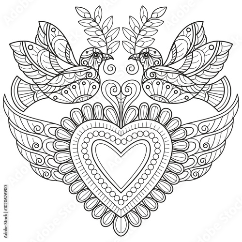 Peace bird and heart hand drawn for adult coloring book