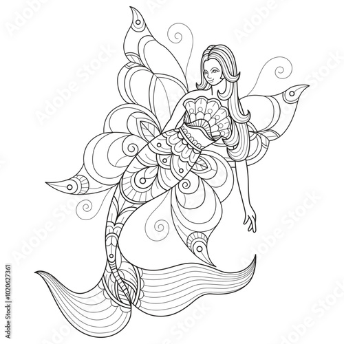 Siren mermaid hand drawn for adult coloring book