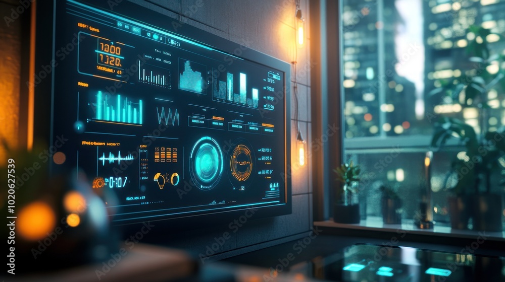 Futuristic Interface with Data Visualizations and Graphs on a Screen in a Modern Interior Futuristic Interface with Data Visualizations and Graphs on a Screen in a Modern Interior