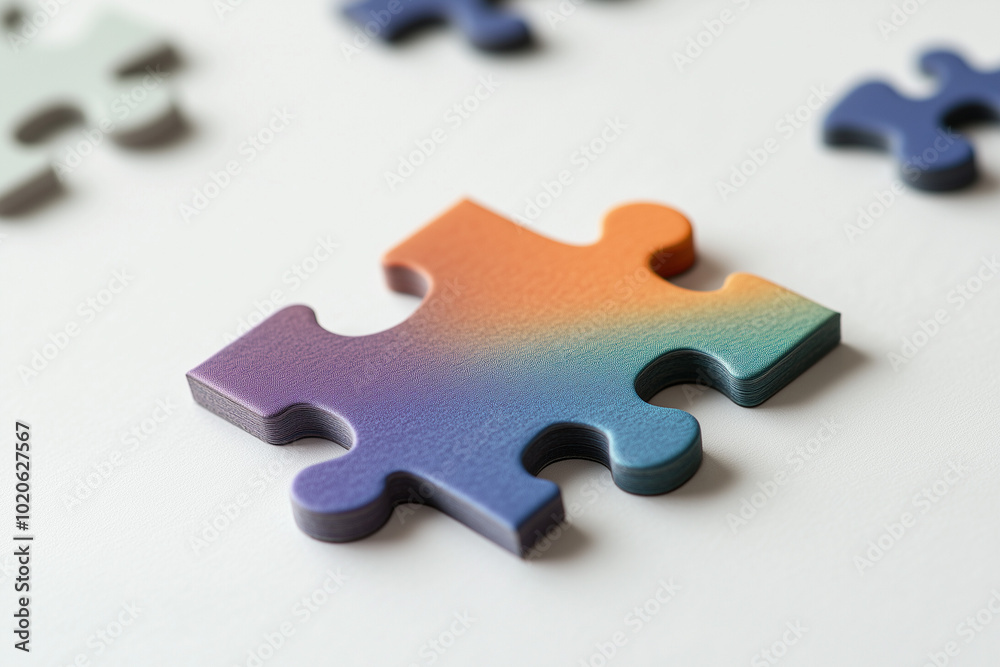Fototapeta premium A single, irregular puzzle piece in vibrant gradient hues floats above a minimalistic white background, symbolizing the uniqueness of individuals within a diverse, harmonious society.