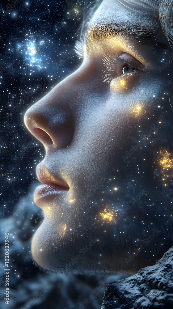 The man’s serene expression reflects his quiet immersion in the vast expanse of the starry night. The man’s serene expression reflects his quiet immersion in the vast expanse of the starry night.