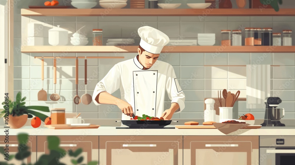 Culinary artistry: chef preparing a meal in a modern kitchen for cooking inspiration Culinary artistry: chef preparing a meal in a modern kitchen for cooking inspiration
