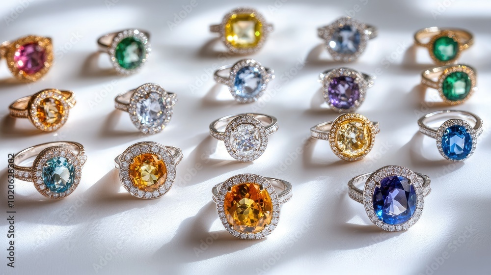 A creative arrangement of colored gemstone rings on a clean white backdrop, emphasizing their beauty and craftsmanship A creative arrangement of colored gemstone rings on a clean white backdrop, emphasizing their beauty and craftsmanship