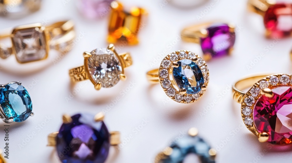 A creative arrangement of colored gemstone rings on a clean white backdrop, emphasizing their beauty and craftsmanship A creative arrangement of colored gemstone rings on a clean white backdrop, emphasizing their beauty and craftsmanship