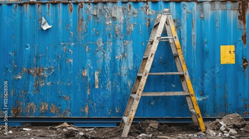 A damaged A-type aluminum folding ladder leaning on a blue container wall in a cluttered construction area photo