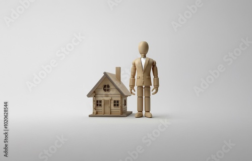 A wooden figure in a suit stands next to a small wooden house.