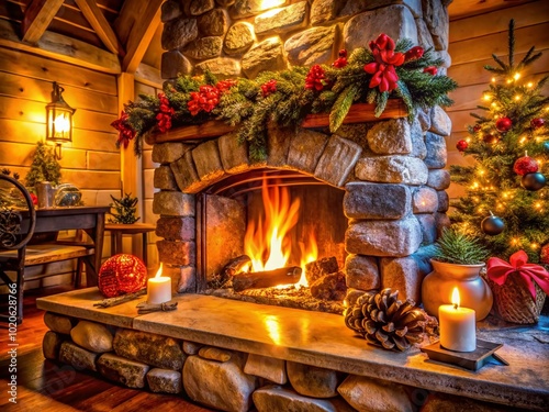 The cozy ambiance of a real wood-burning fireplace, framed by rustic stone and adorned with winter decorations, creates