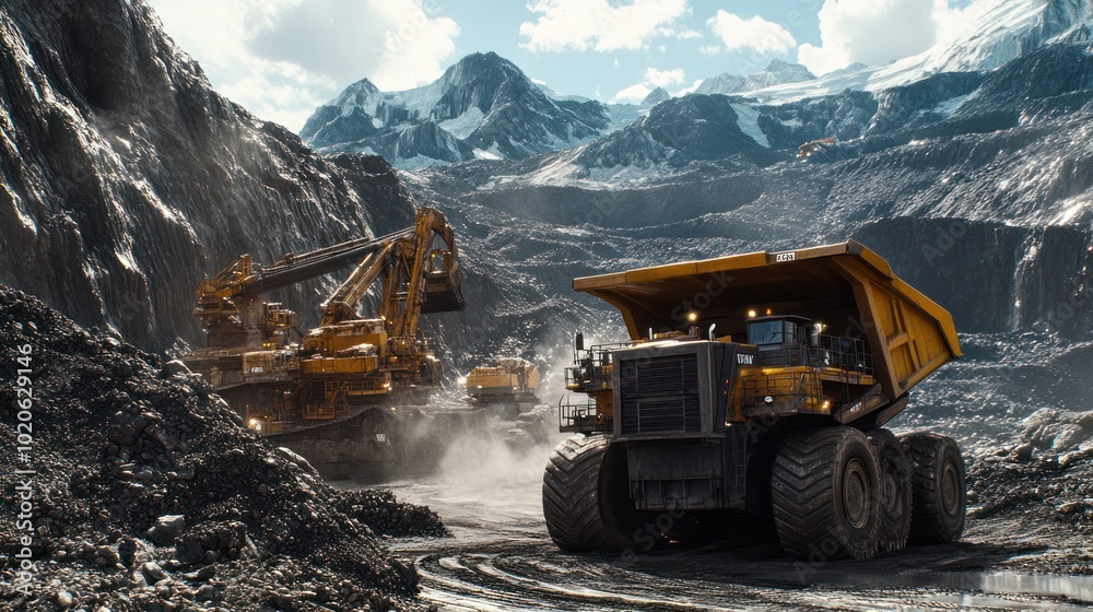 Heavy machinery and trucks in a coal mining operation