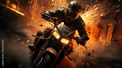  A speeding motorcyclist rides through a street filled with explosions, creating an intense and adrenaline-filled atmosphere in an urban scene. Everything happens under bright lights.