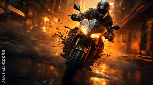 A motorcyclist speeds along splashing mud, creating an exciting and dangerous environment.