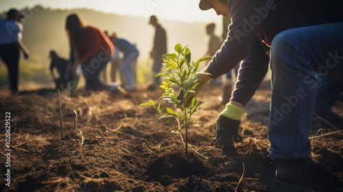  A group of people work in the field planting trees at sunset. The work together highlights the importance of reforestation for the environment.