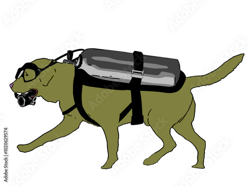 Yellow labrador retriever wearing scuba gears